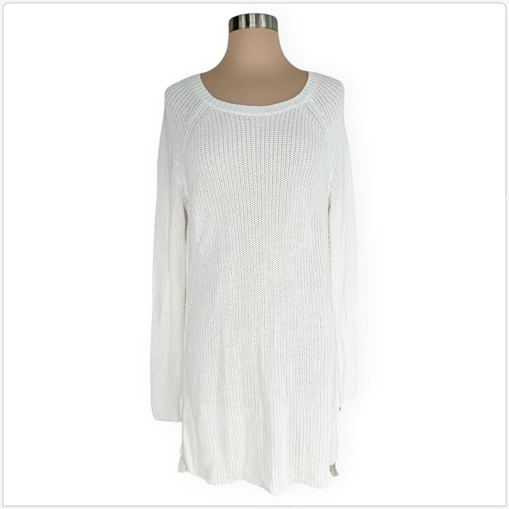 Tommy Bahama White Tunic Style Zipper Side Slits Cotton Knit Sweater M